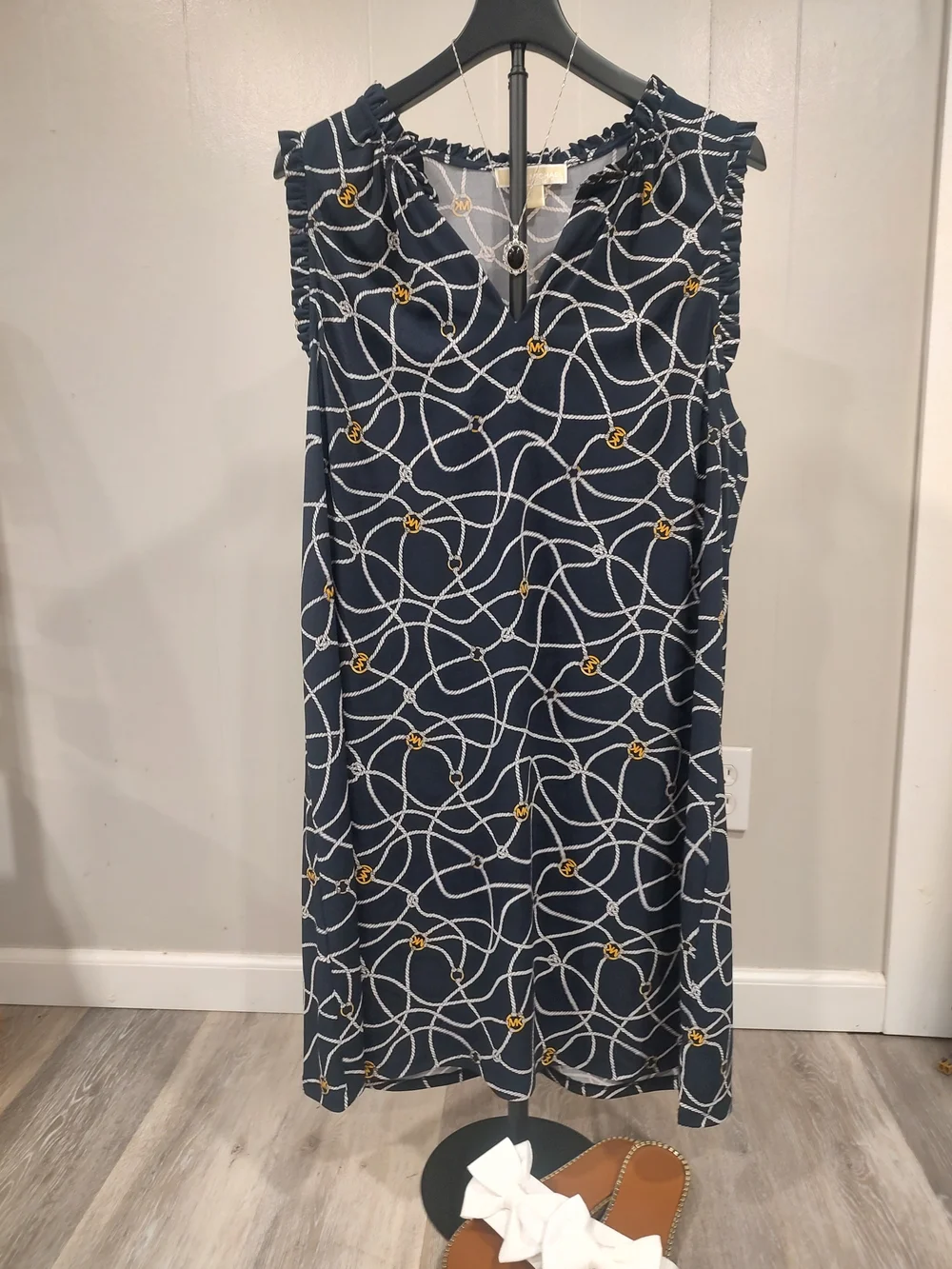 Michael Kors Navy Rope-Print Sleeveless Shift Dress with Gold Accents